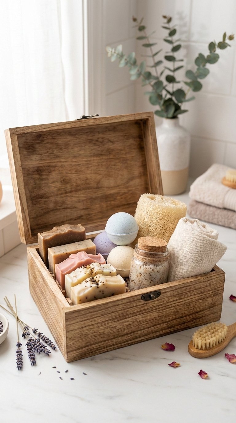 DIY self-care spa kit with handmade soaps, colorful bath bombs, and linen towels in rustic wooden box arrangement.
