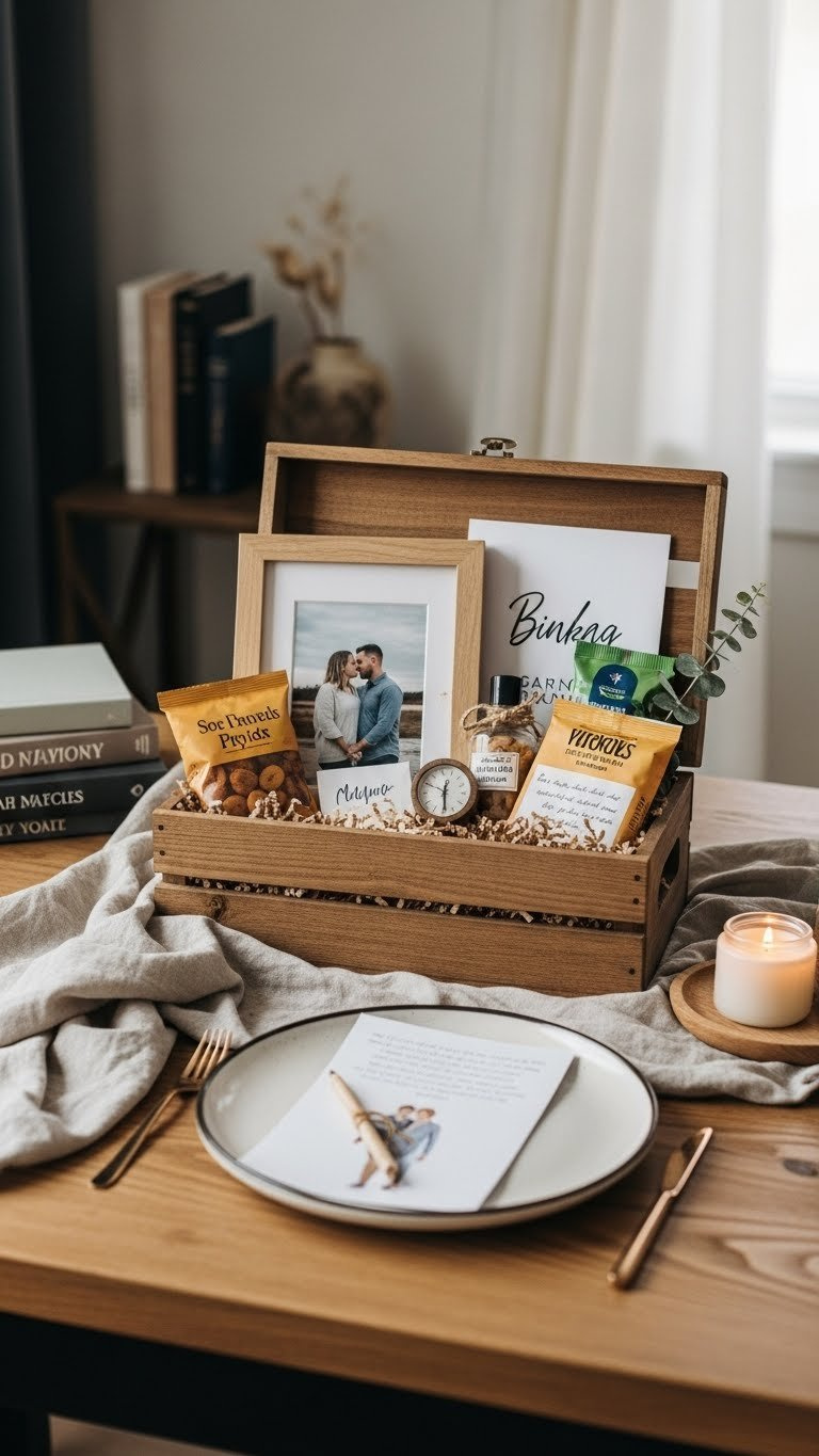 DIY sentimental gift basket with framed photo and personalized items in rustic wooden crate arrangement