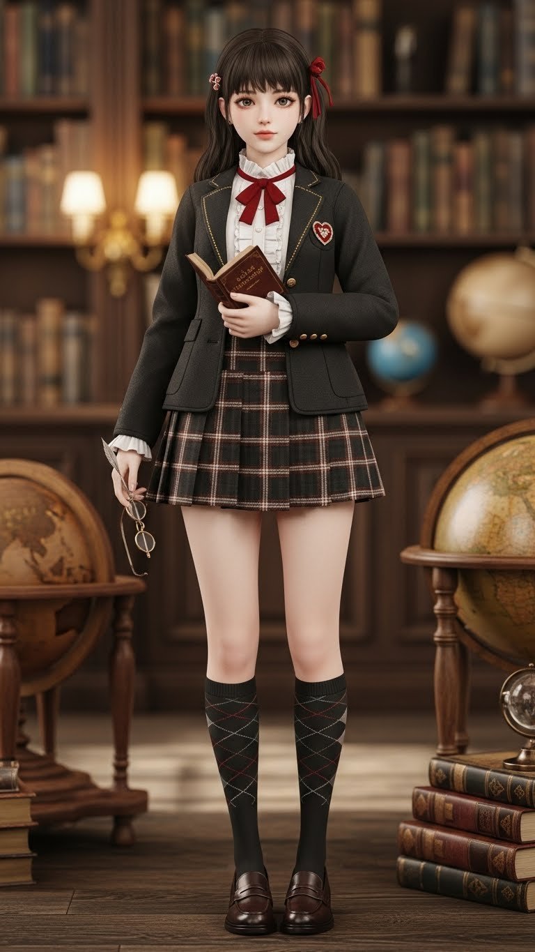 DTI avatar in Dark Academia Cupid outfit holding book in dimly lit library with antique bookshelves