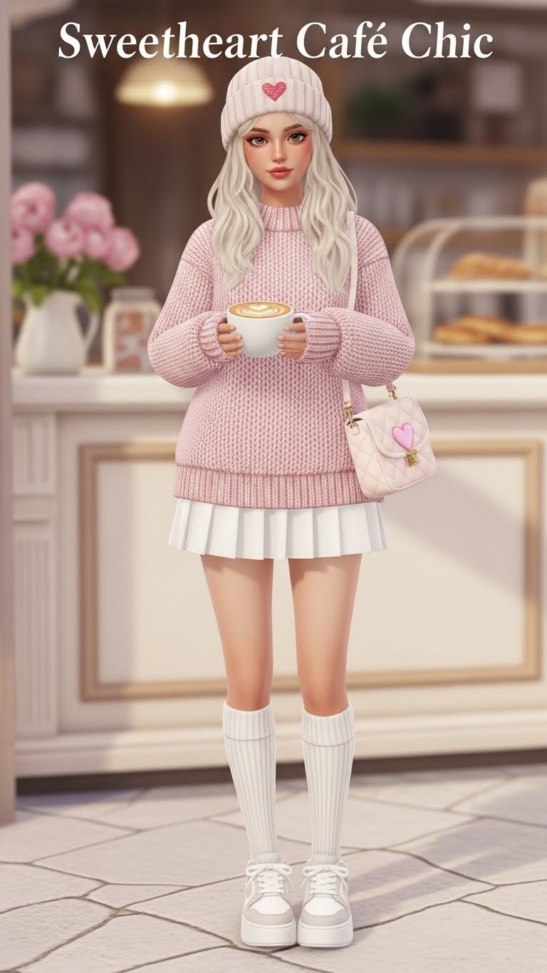 DTI avatar in Sweetheart Cafe Chic outfit holding coffee cup in cozy cafe interior with warm lighting