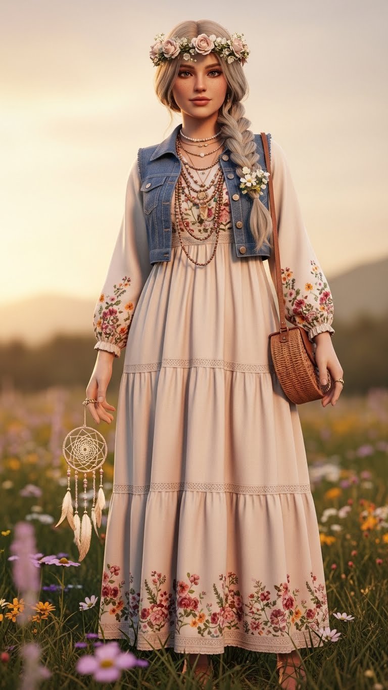 DTI avatar modeling Festival of Hearts boho dress with flower crown in lush garden sunset setting
