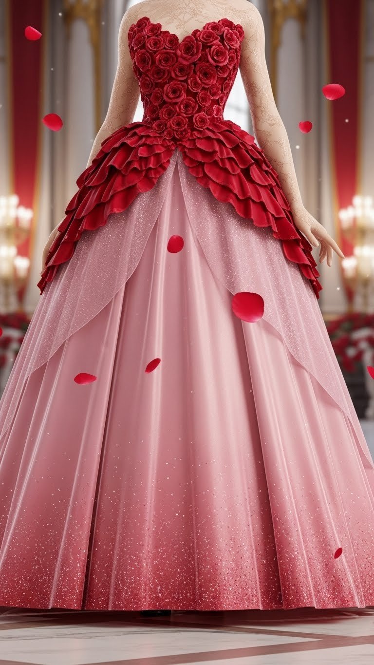 DTI avatar modeling enchanted rose ball gown in deep red and pink with floating petals in romantic palace ballroom setting