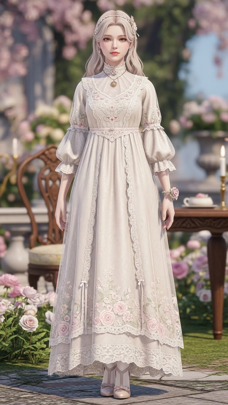 DTI avatar modeling vintage romance ensemble with lace dress in soft garden setting with blooming flowers