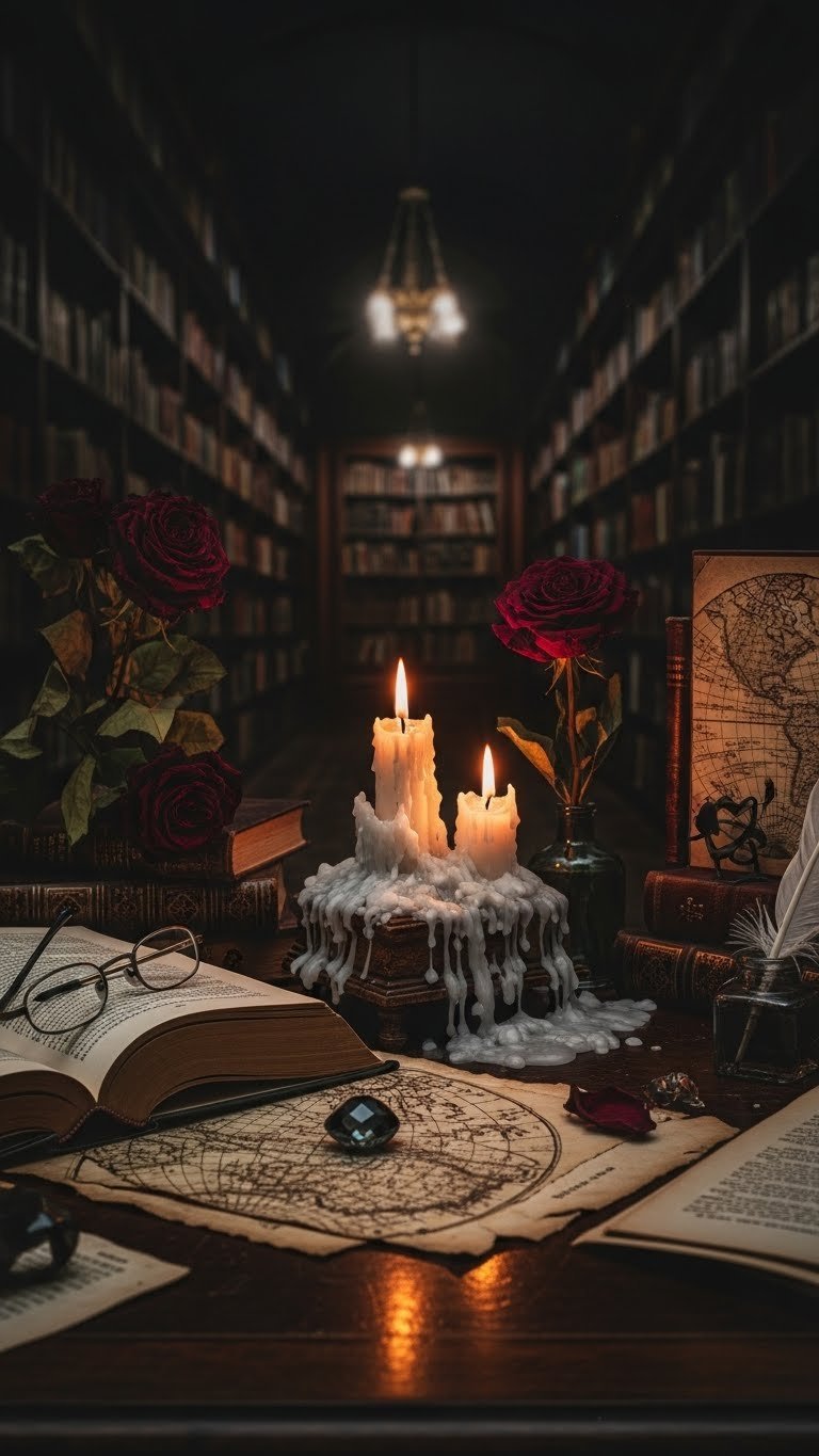 Dark academia romantic wallpaper with antique maps, pressed roses, and candlelight against moody library interior backdrop