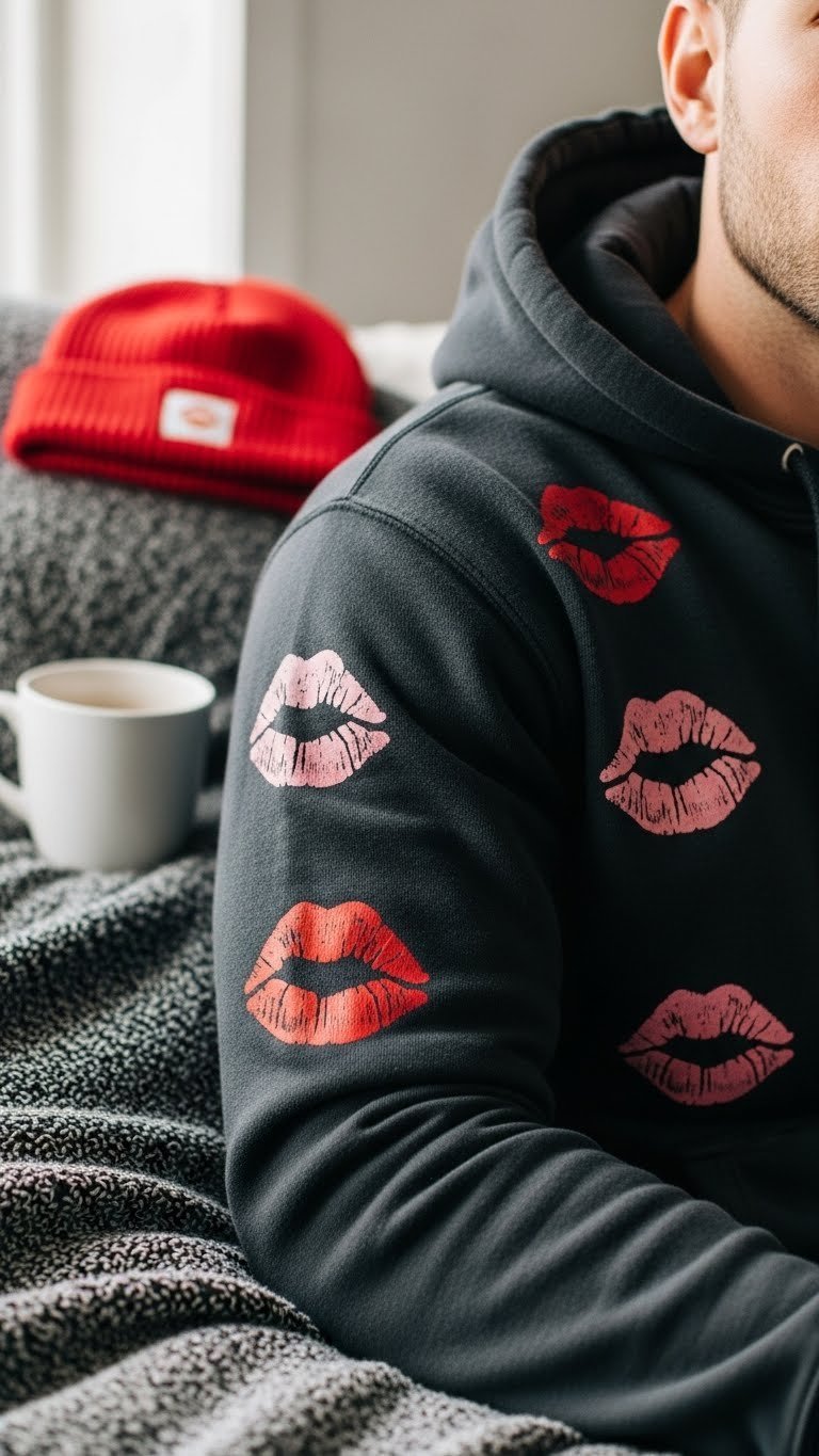 Dark charcoal gray men's hoodie with vibrant red and pink lipstick kiss prints on chest area against soft natural window light background