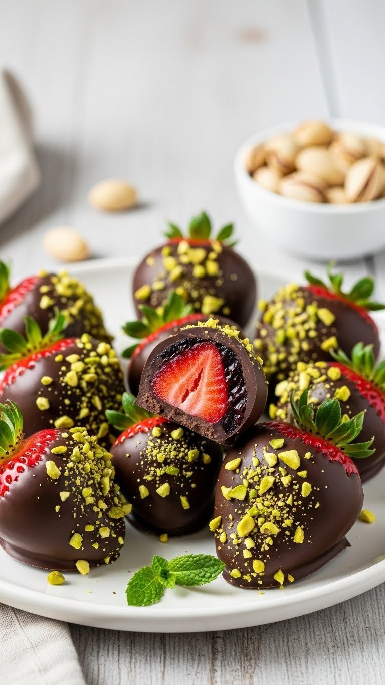 Dark chocolate covered strawberries sprinkled with chopped pistachios arranged artfully on white ceramic platter.