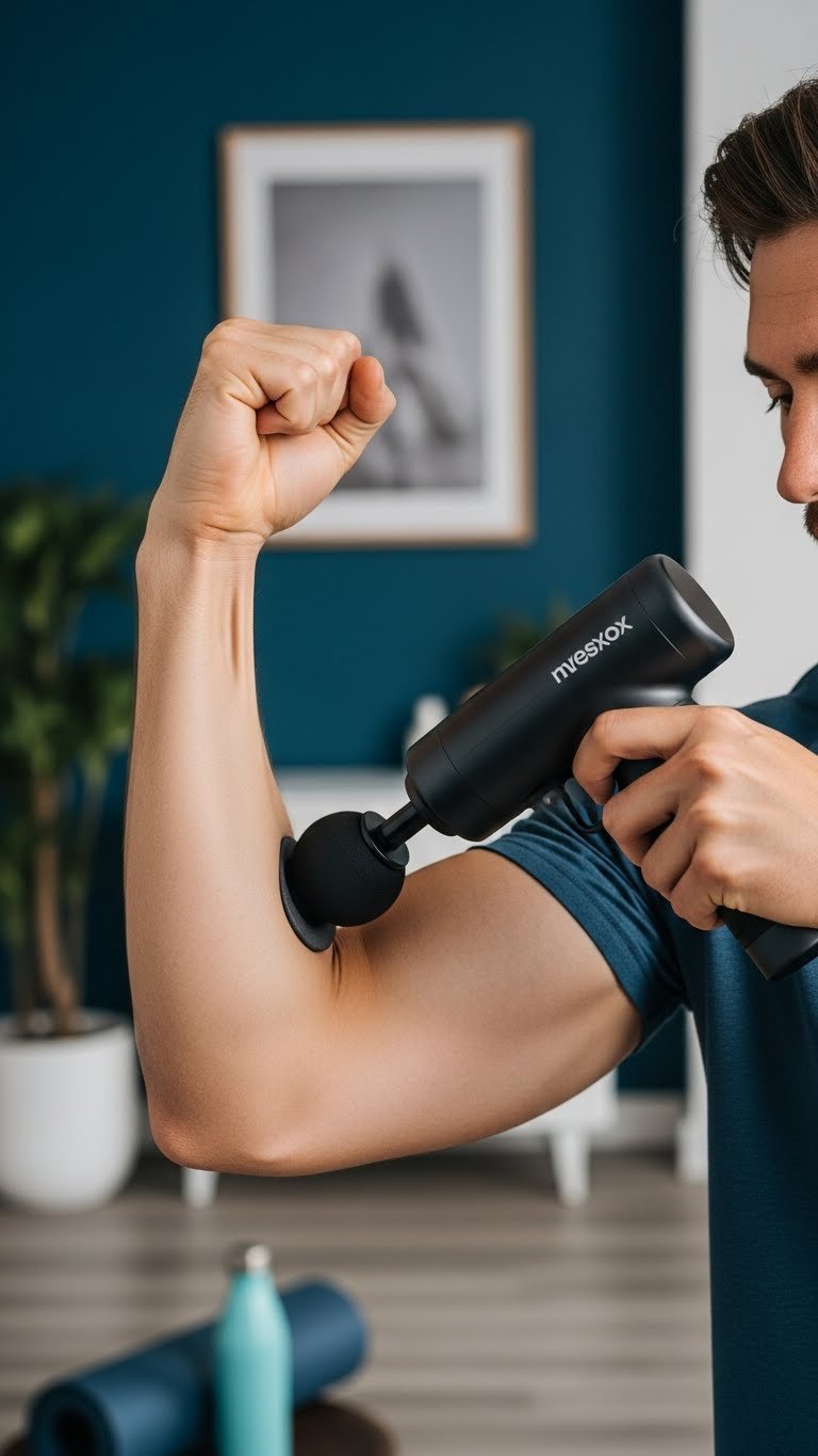 Dark-colored percussive massage gun applied to defined male bicep with relief expression and neutral background
