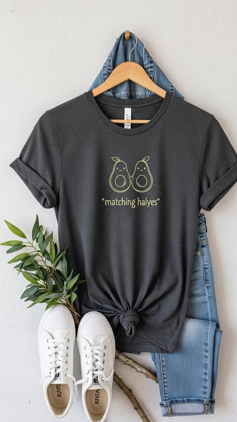 Dark gray t-shirt with embroidered avocado halves design draped on wooden hanger against textured wall backdrop