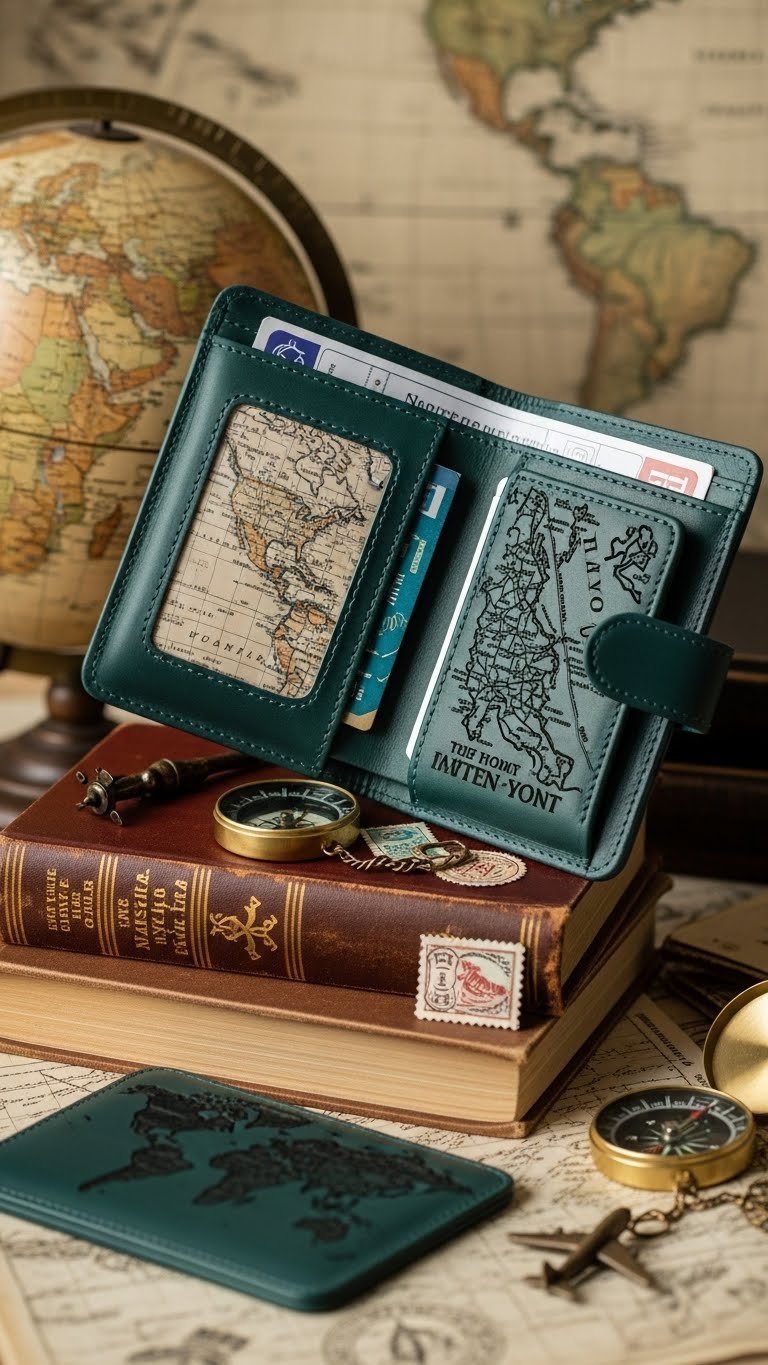 Dark green leather travel wallet with engraved map design and multiple compartments on vintage globe background