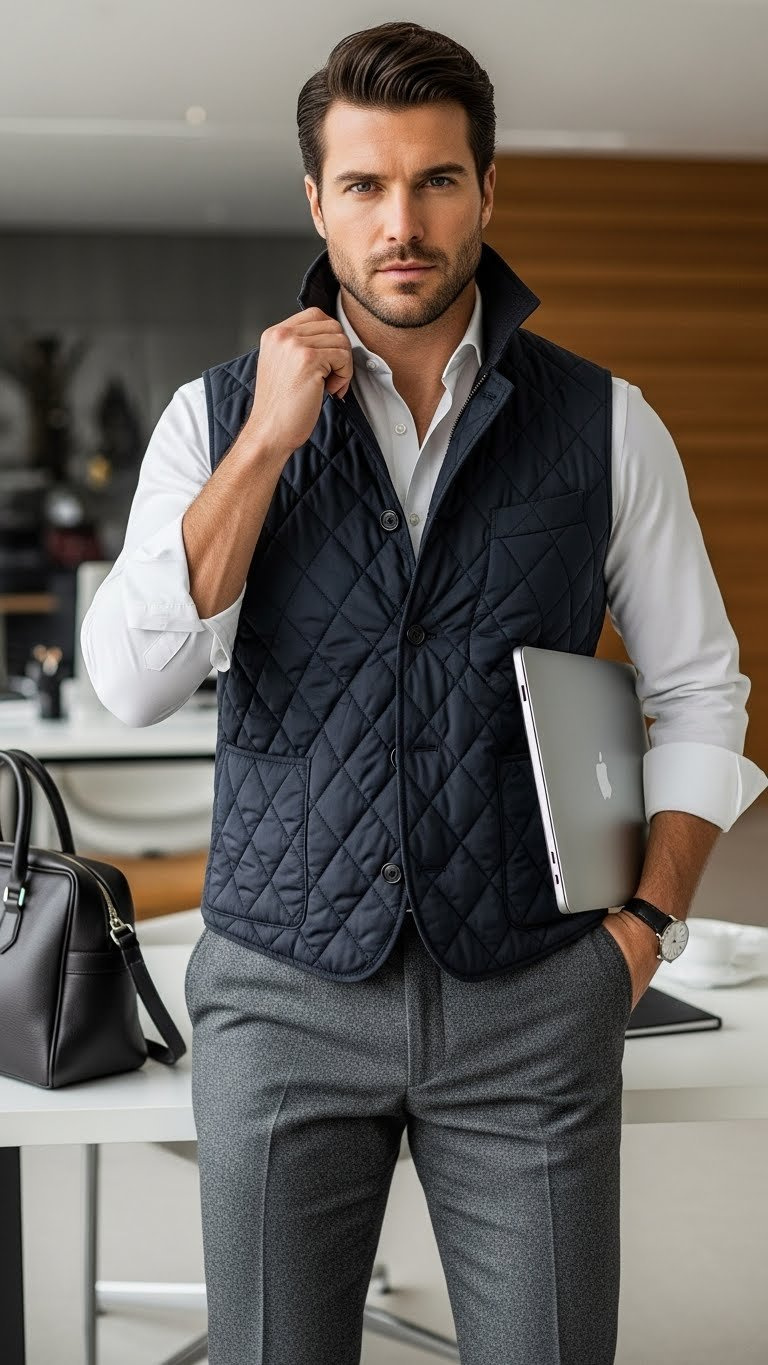 Dark tailored quilted vest over a crisp white button-down and wool trousers, with a leather handbag in a modern office.