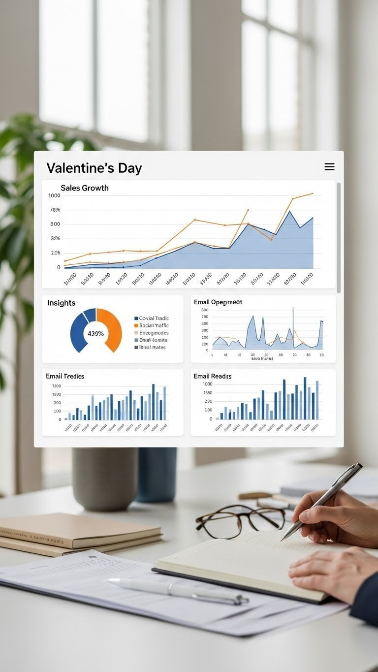 Data analytics dashboard showing Valentine's Day marketing campaign metrics with charts and graphs.
