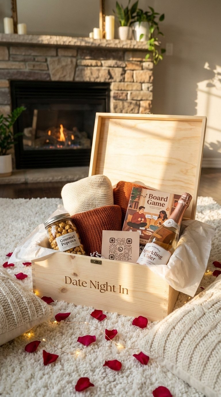 Date night in-a-box with cozy blankets, board game, popcorn, and sparkling cider on plush rug