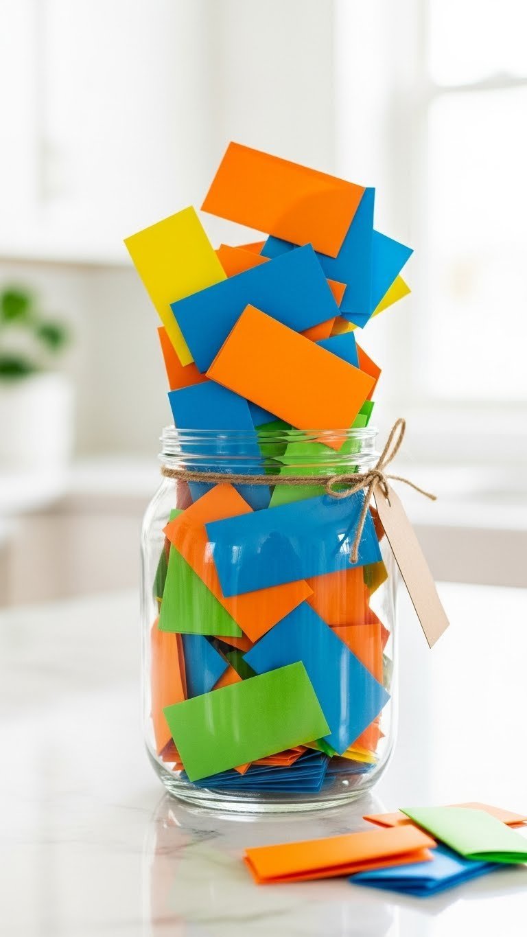 Date night jar brimming with vibrant colorful paper slips on a clean white marble countertop, accented by loose slips and cinema tickets, under bright airy daylight.