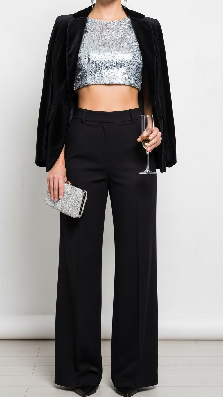 Dazzling party outfit: silver sequin crop top, wide-leg black trousers, velvet blazer, metallic clutch in a bright studio setting.