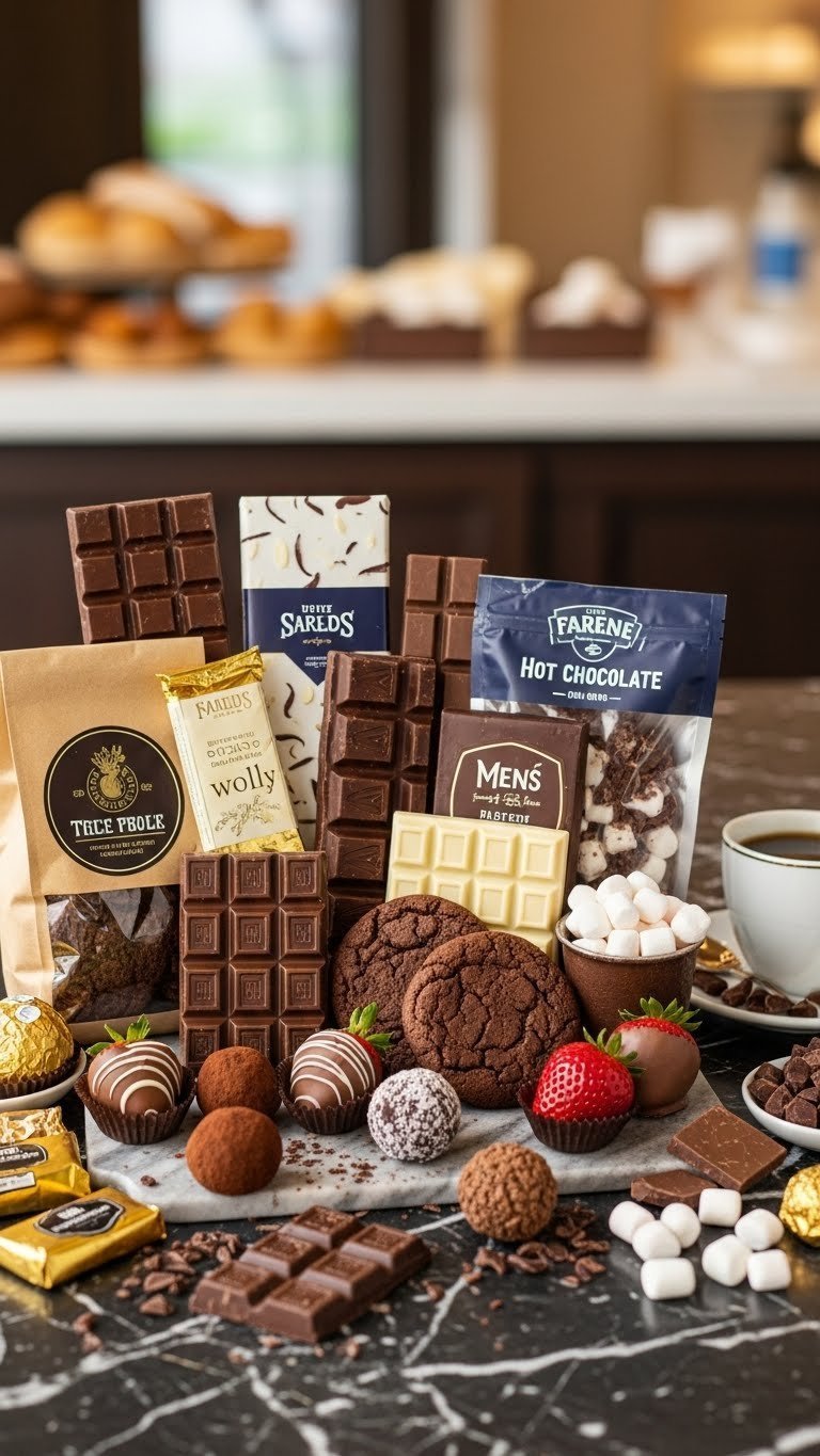 Decadent chocolate lover's hamper featuring gourmet truffles, chocolate bars, and strawberries on dark marble surface