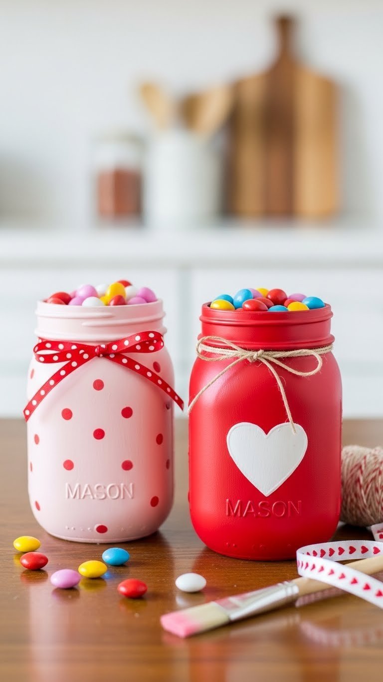 Decorated Mason jars painted in pink and red with candy fillings, ribbons, and heart cutouts on wooden tabletop.