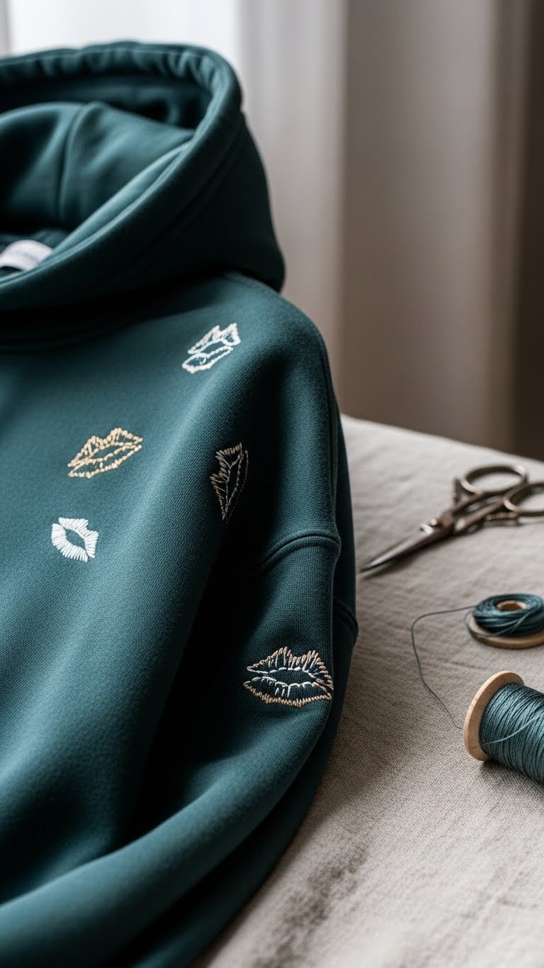 Deep navy men's hoodie with delicate hand-embroidered metallic gold kiss outlines scattered across shoulder area