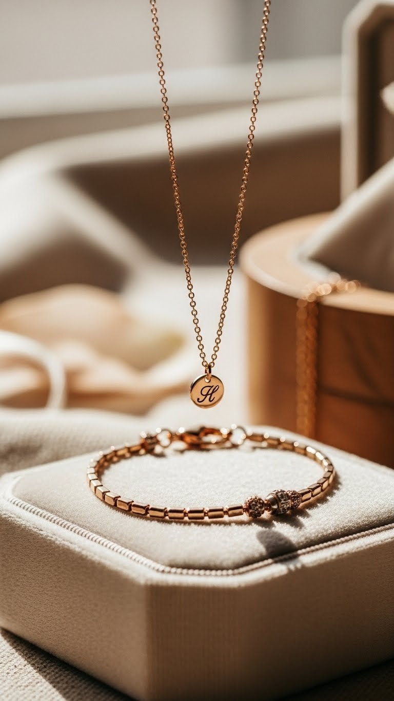 Delicate engraved gold necklace and matching bracelet elegantly draped over velvet jewelry box with soft natural lighting