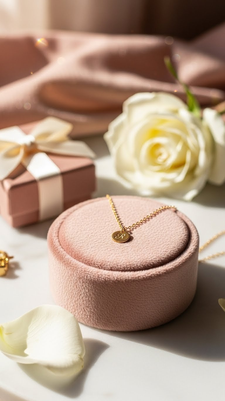 Delicate gold necklace with engraved initial pendant arranged on blush velvet cushion with gift box and rose petal