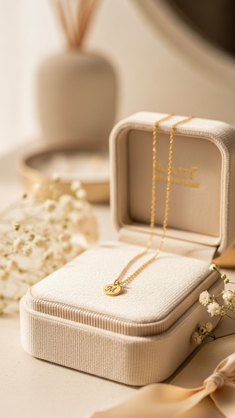 Delicate gold necklace with engraved initial pendant resting on beige velvet jewelry box with baby's breath sprig in soft natural light.