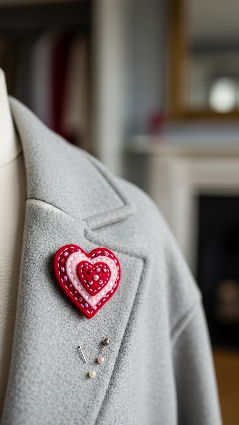 Delicate layered felt heart brooch with bead details pinned to textured gray wool coat
