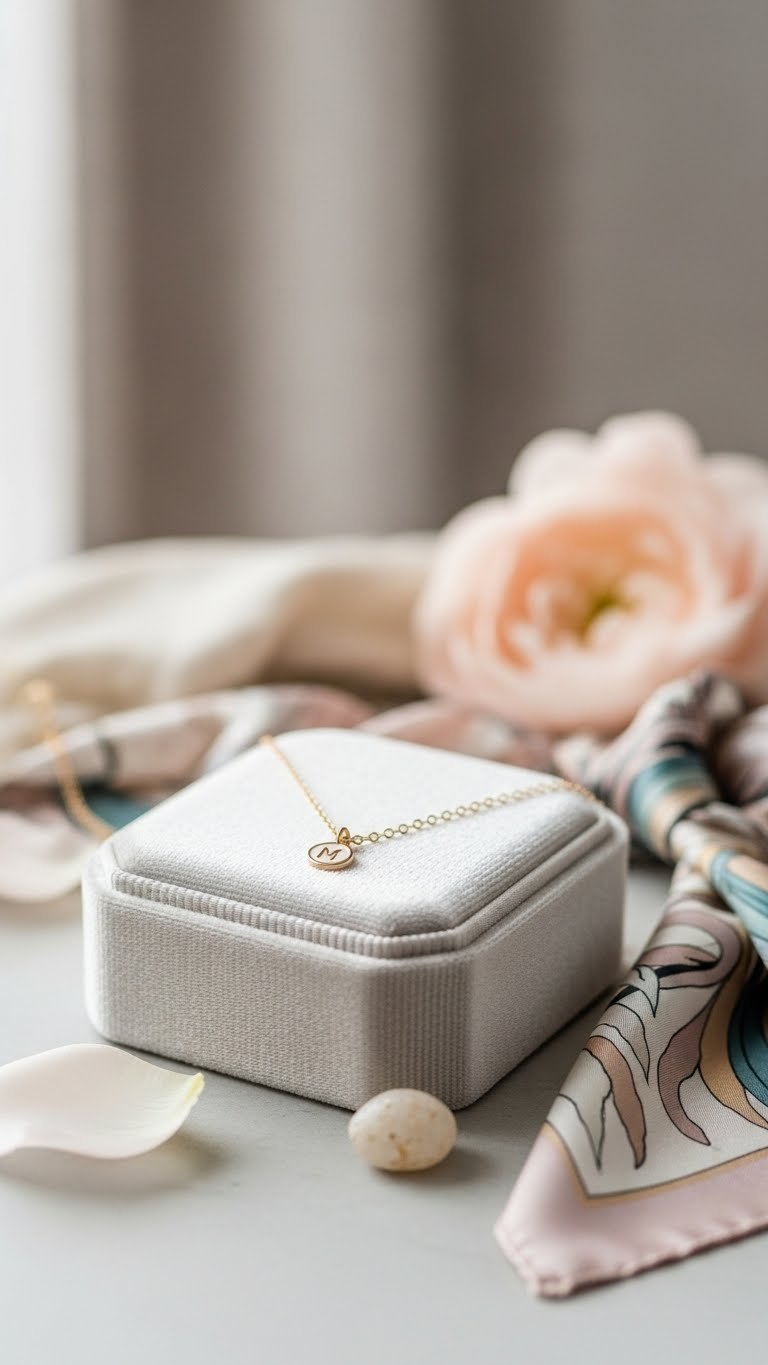 Delicate necklace with meaningful pendant lying on velvet jewelry box with soft studio lighting