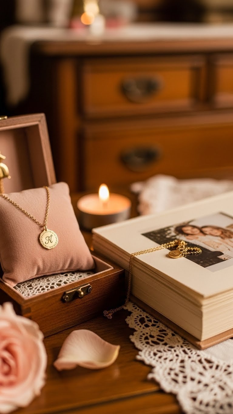 Delicate personalized gold necklace with birthstone pendant resting on velvet cushion next to bespoke photo album