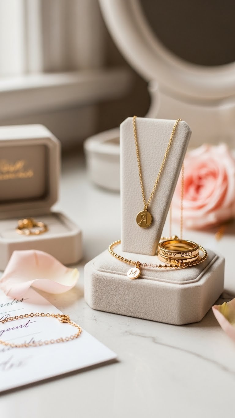 Delicate personalized jewelry with initial pendant displayed on velvet cushion with rose petal