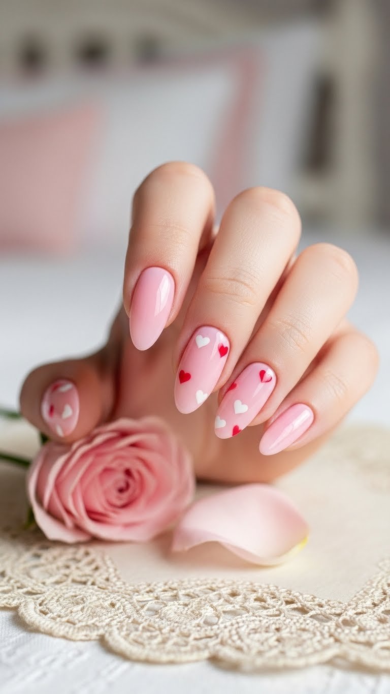 Delicate pink almond nails featuring tiny white heart accents on vintage lace with soft romantic lighting
