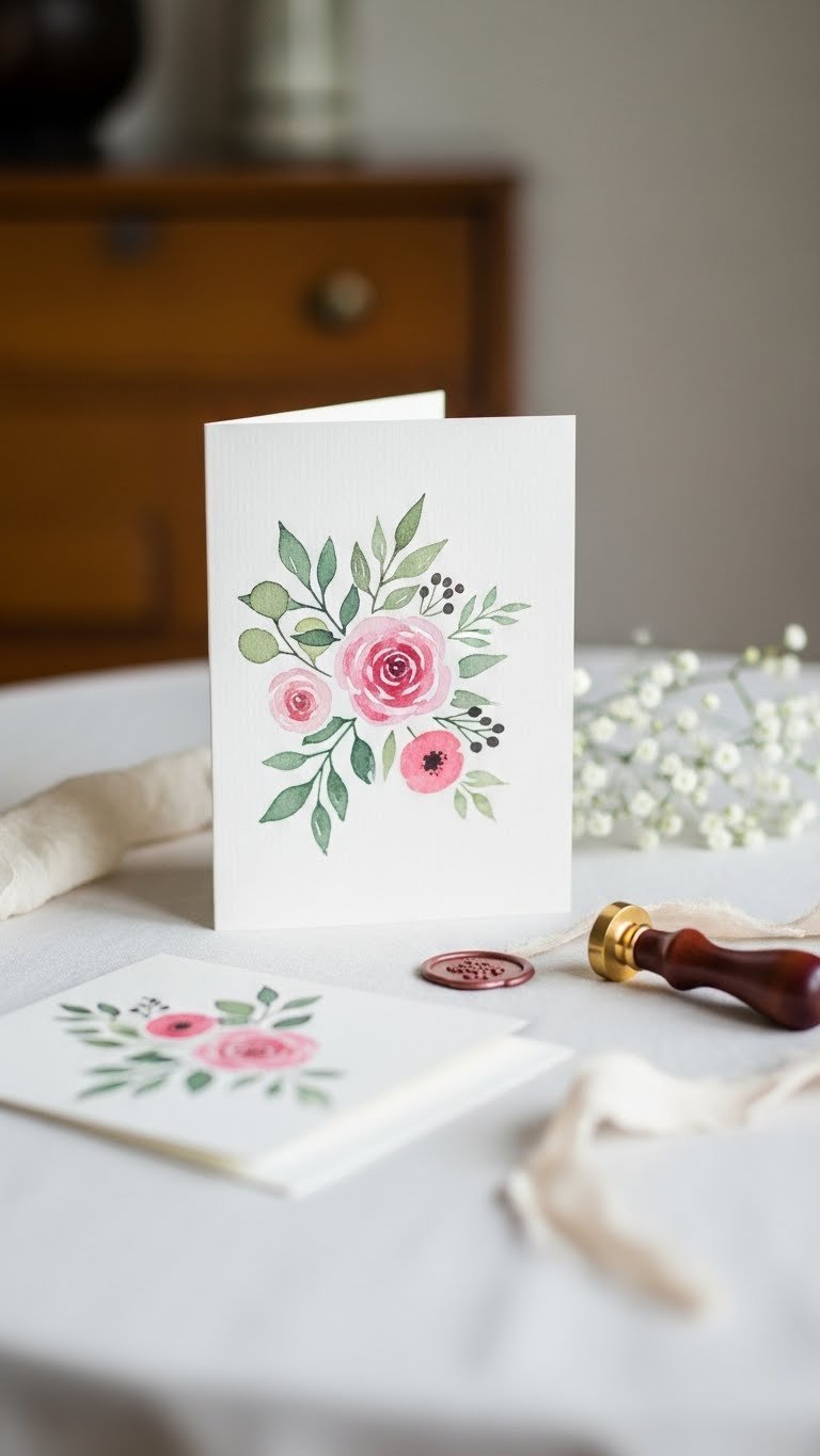 Delicate watercolor floral card with roses and greenery on white linen tablecloth with soft natural lighting