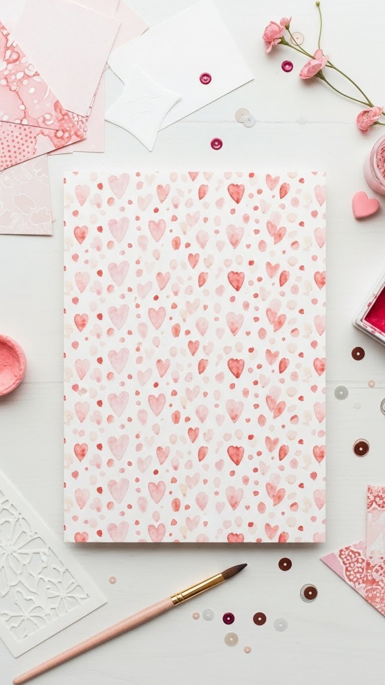 Delicate watercolor pattern background with repeating hearts and dots in pink and cream colors