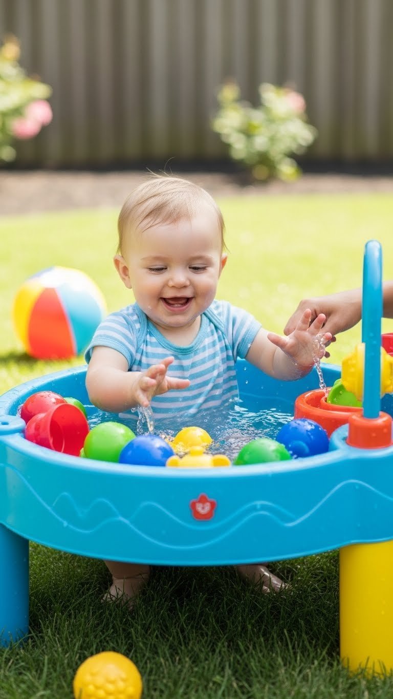 Delighted baby girl playing with water table toys in backyard for outdoor sensory exploration and fun