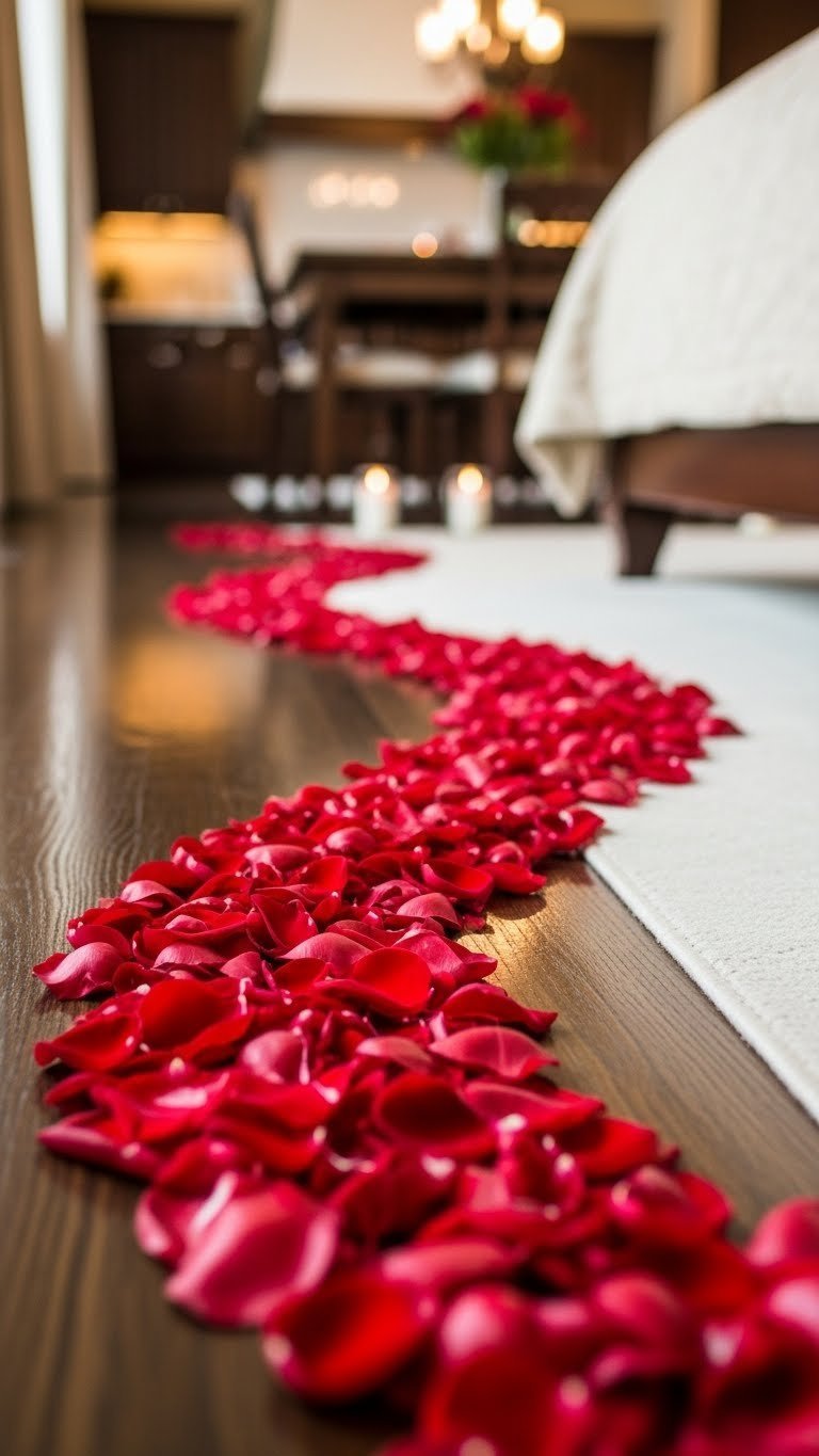 Dense trail of fresh red rose petals arranged on dark hardwood floor leading to plush bed with soft bokeh background