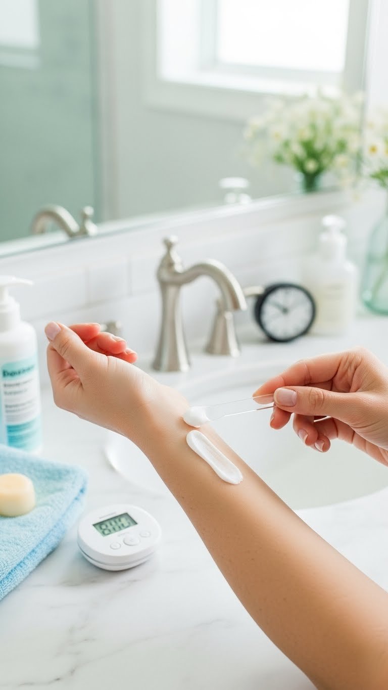 Depilatory cream being smoothly applied to forearm with plastic spatula on marble countertop