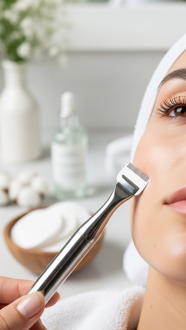 Dermaplaning tool gently gliding over cheek with fine blade creating smooth skin surface
