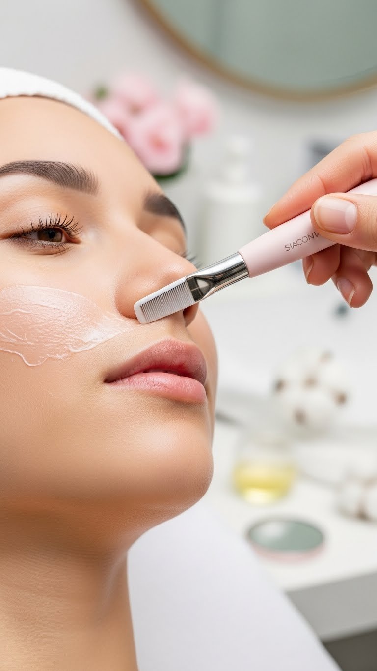 Dermaplaning tool gliding across woman's cheek removing peach fuzz and revealing smooth exfoliated skin