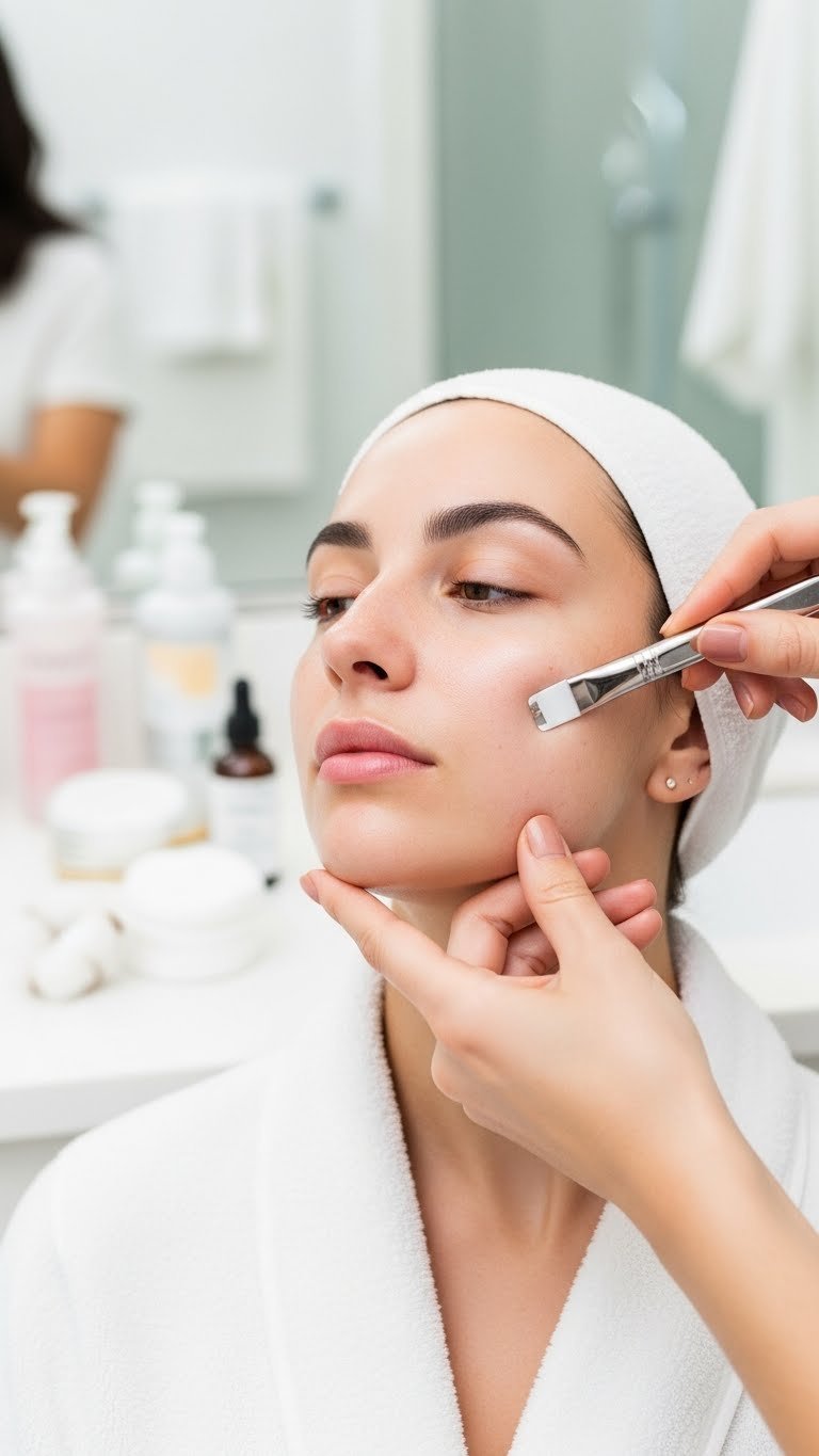 Dermaplaning tool removing peach fuzz and dead skin from cheek for radiant smooth complexion