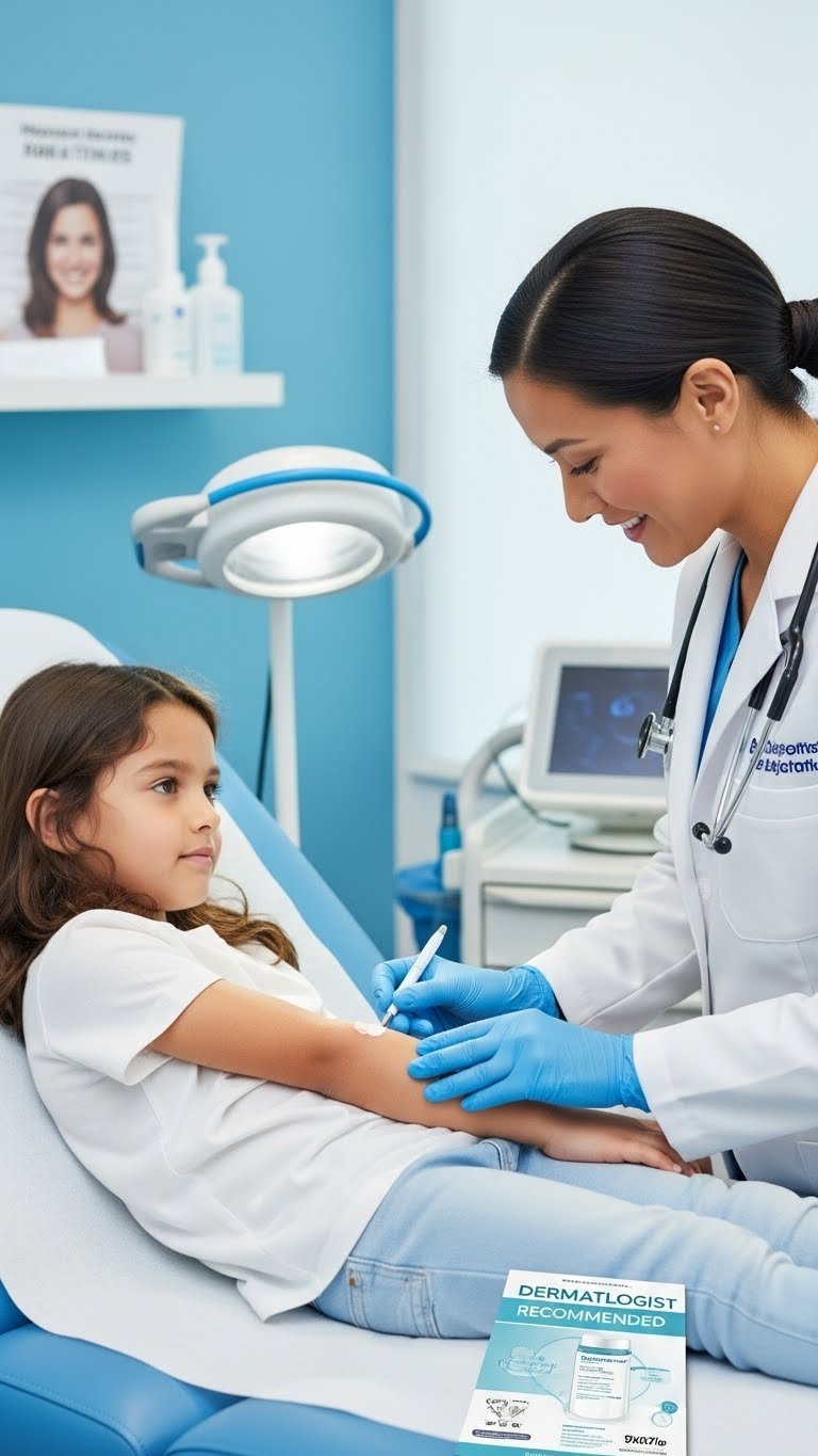 Dermatologist examining child's arm in modern clinic with parent observing medical consultation