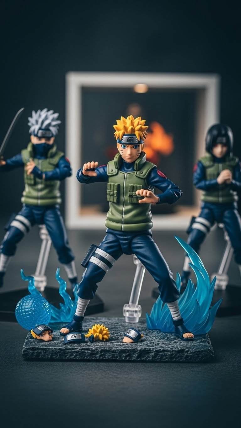 Detailed Naruto action figures dynamically posed on textured stone slab with dramatic lighting effects