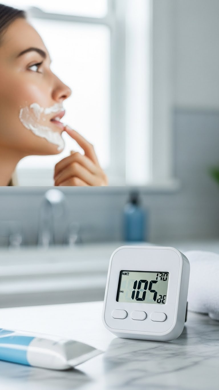 Digital kitchen timer counting down with woman's profile in background during hair removal process
