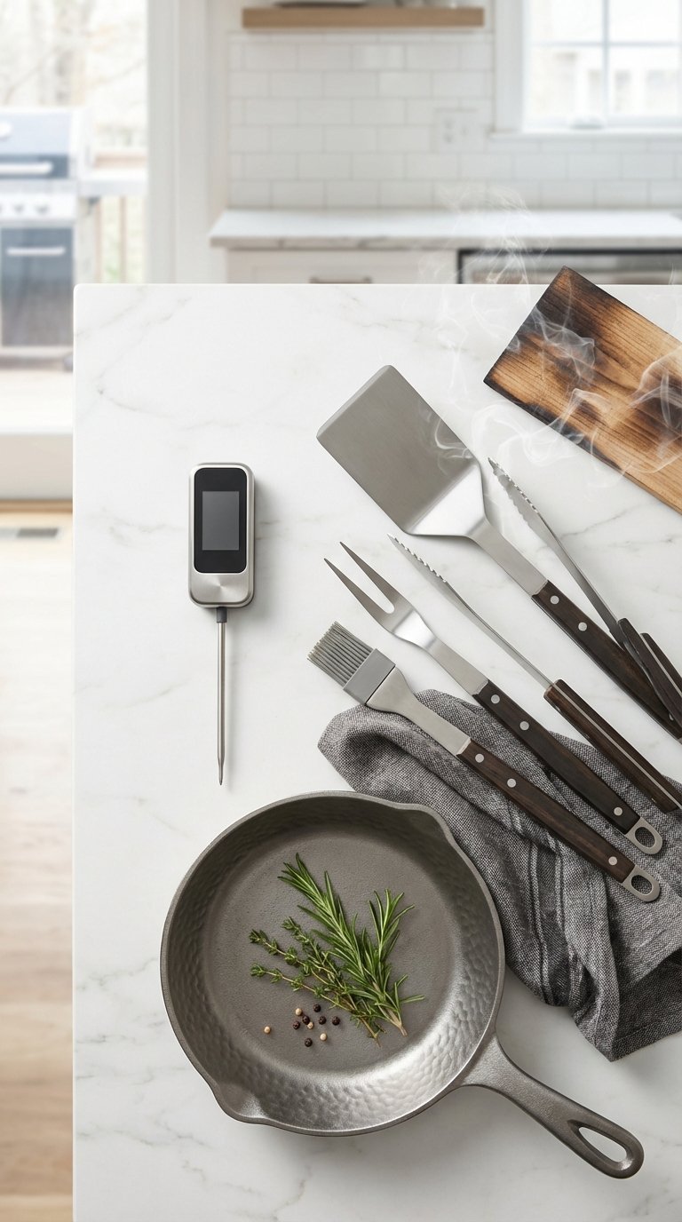Digital meat thermometer, stainless steel grilling tools, and cast iron pan arranged on marble countertop