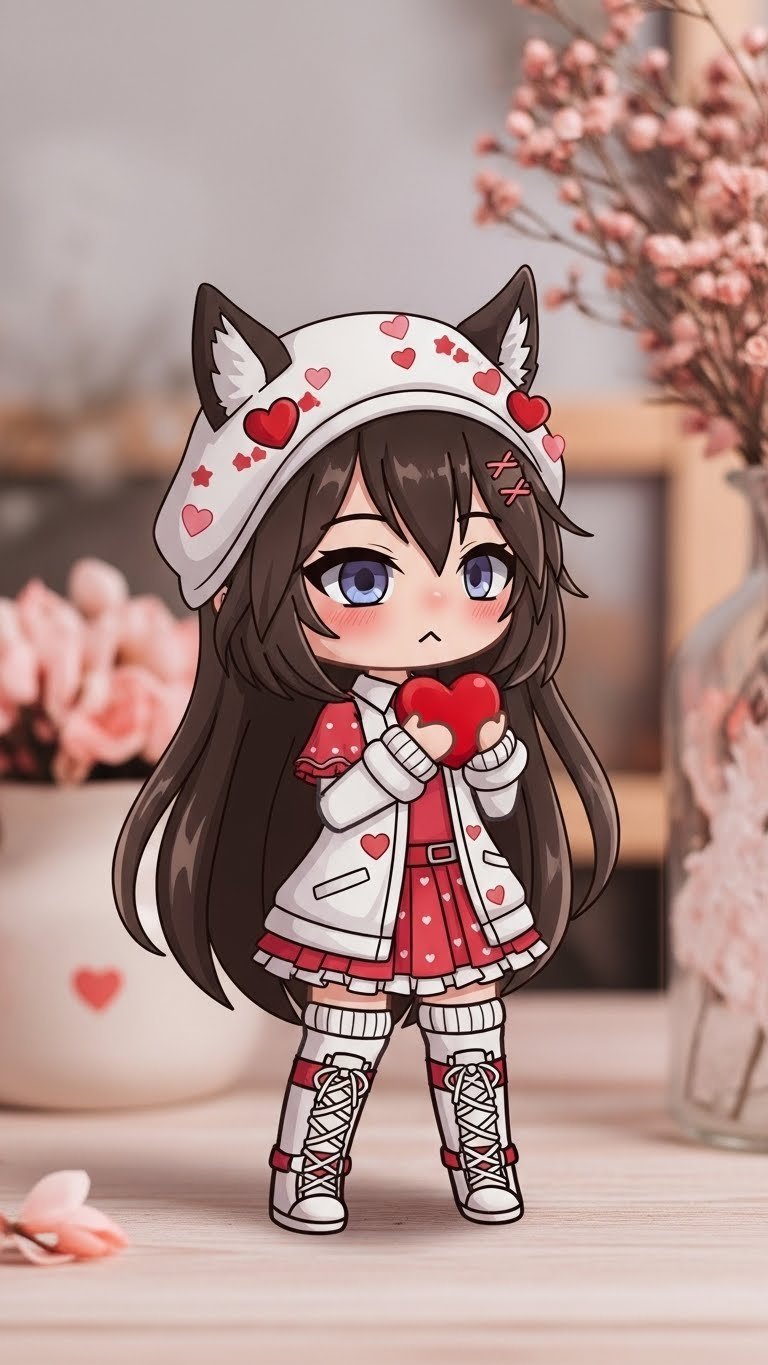 Digital painting of anime Gacha character in romantic Valentine outfit holding heart-shaped item against soft floral background.