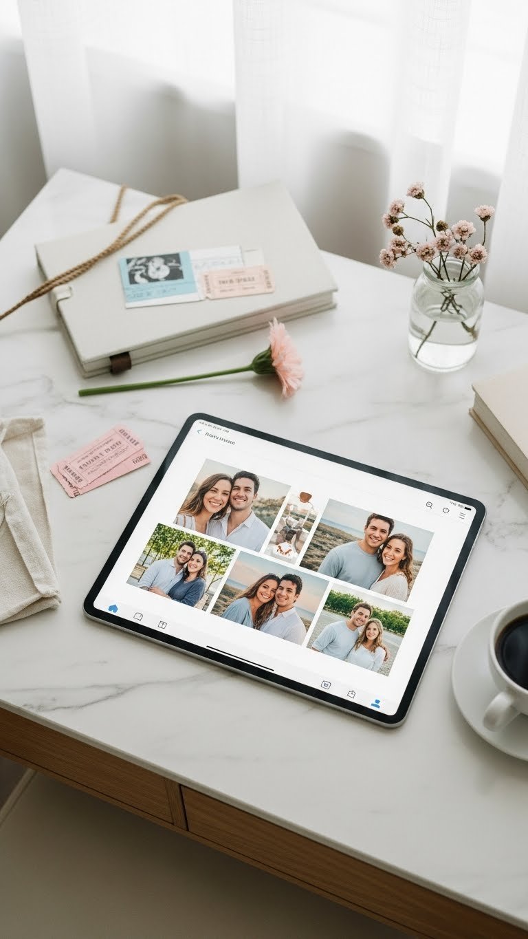 Digital photo album collage of happy couple memories displayed on tablet with sentimental keepsakes