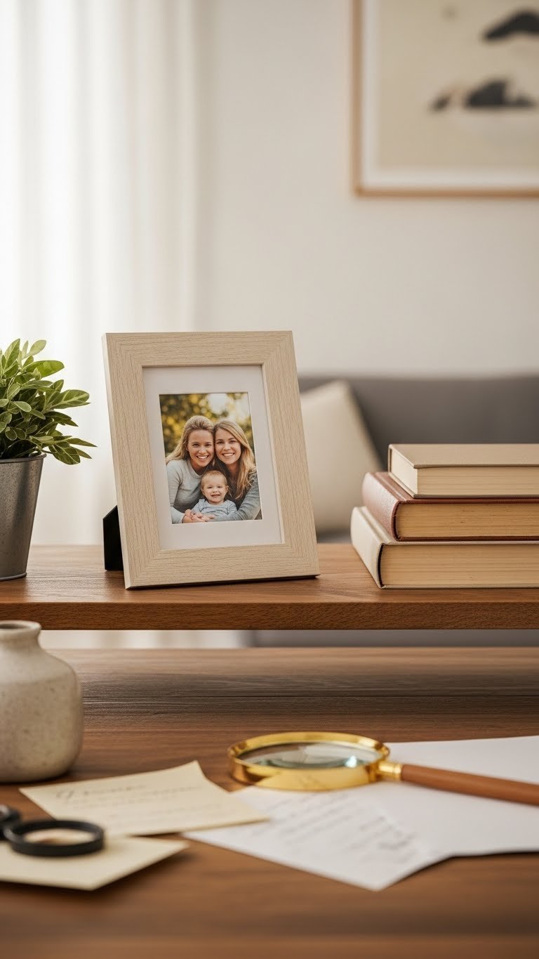 Digital photo frame displaying warm family photo on wooden shelf with books and plant