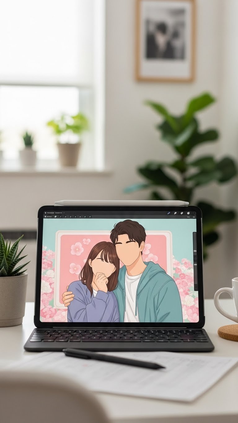 Digital portrait couple illustration displayed on high-resolution tablet with minimalist desk setup and artistic details