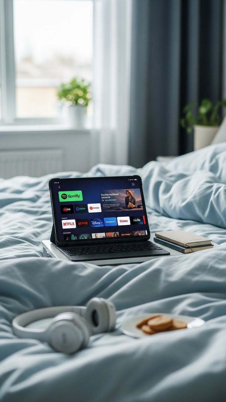Digital subscriptions displayed on tablet showing streaming service logos on modern bedside