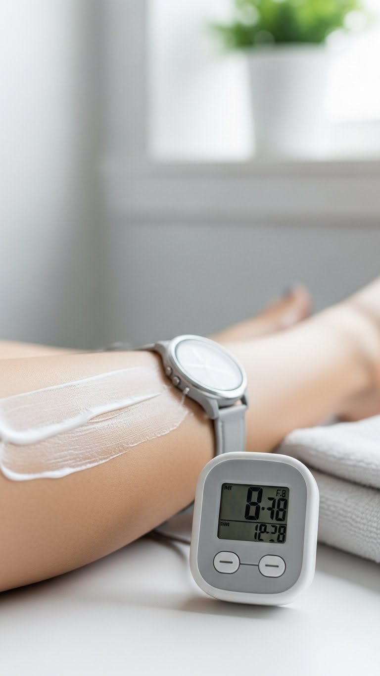 Digital timer countdown showing hair removal cream application timing on blurred leg background