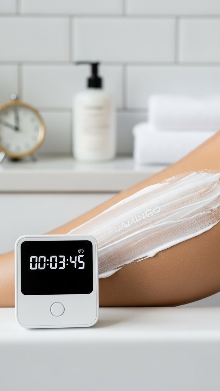 Digital timer counting down next to leg with Flamingo hair removal cream applied.