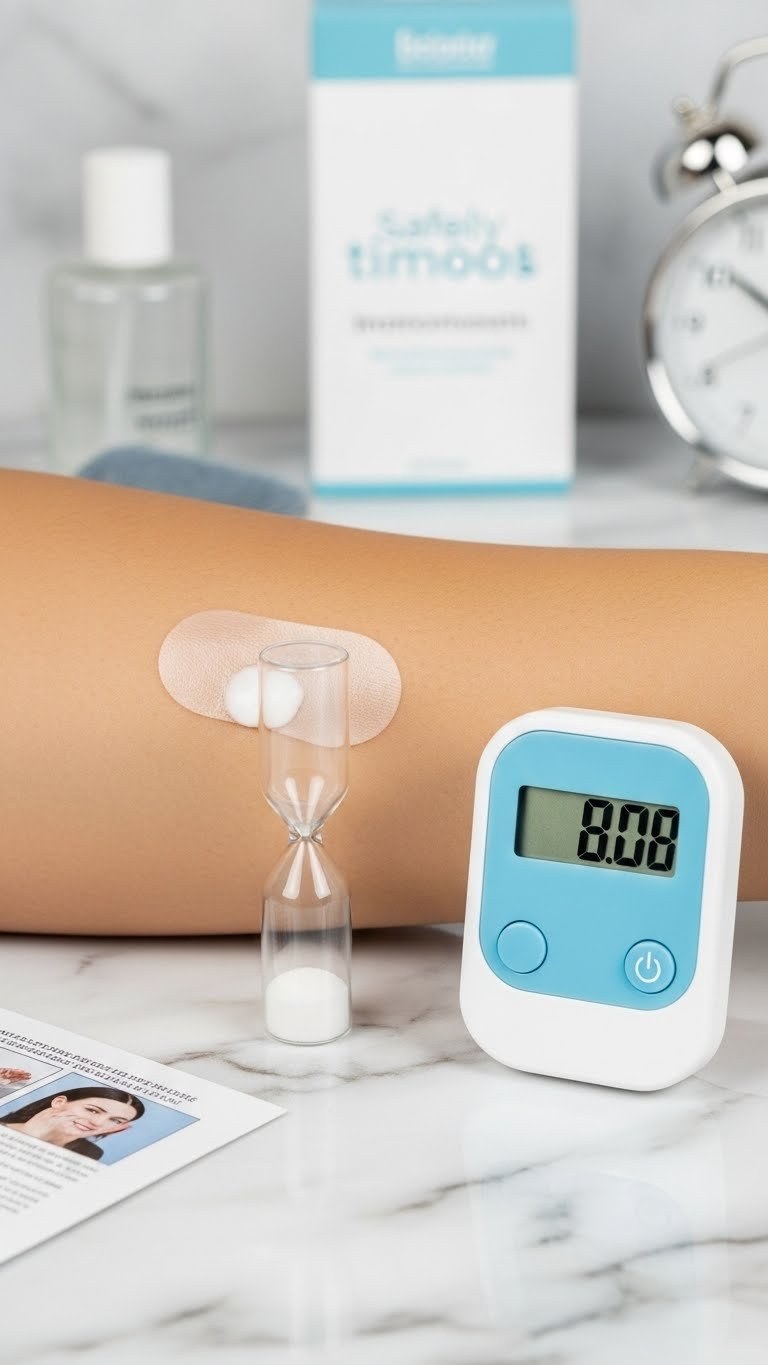 Digital timer next to skin with hair removal spray applied showing safe treatment timing process