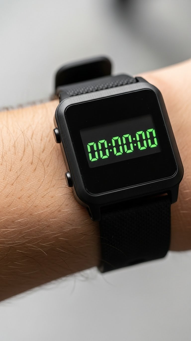 Digital timer on wrist monitoring hair removal treatment time during depilation process